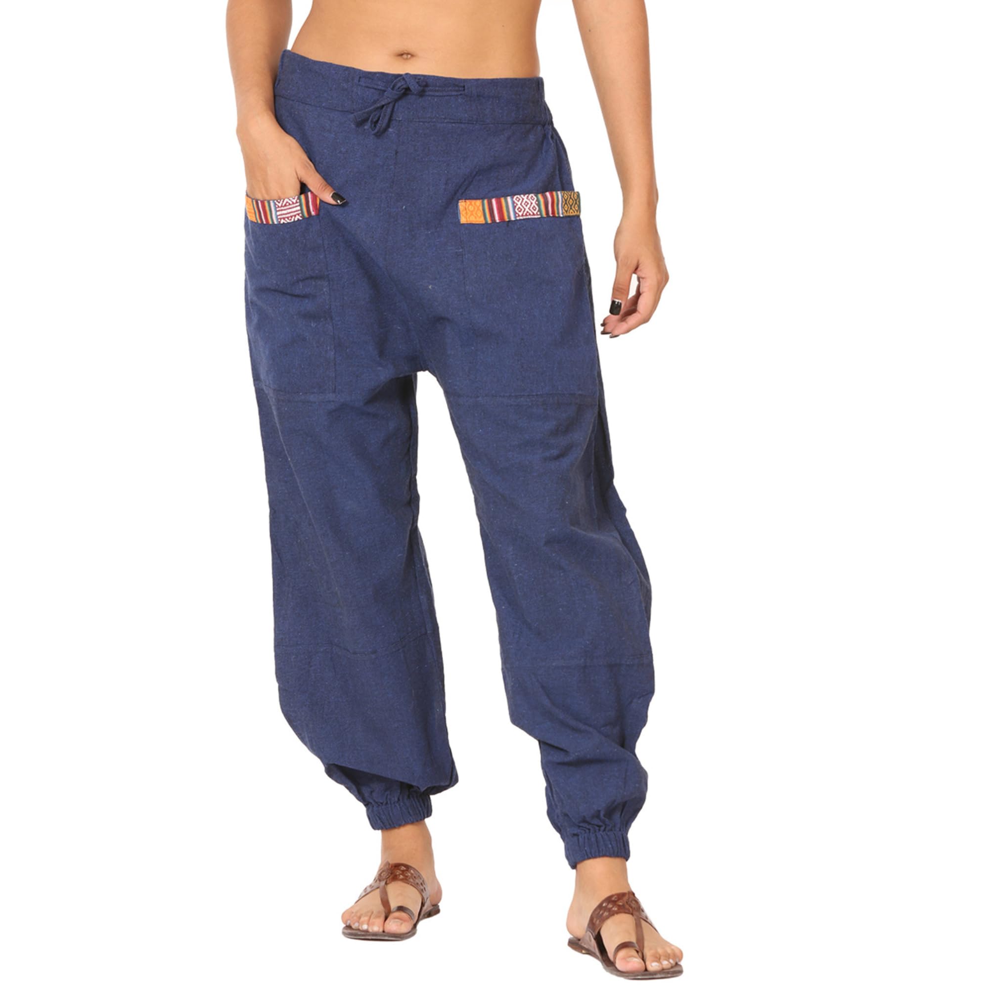 Mantra Vogue Men Women Cotton Linen Baggy Harem Drawstring Yoga Pants, One Size Casual Hippie Trousers with Pockets Dark Blue