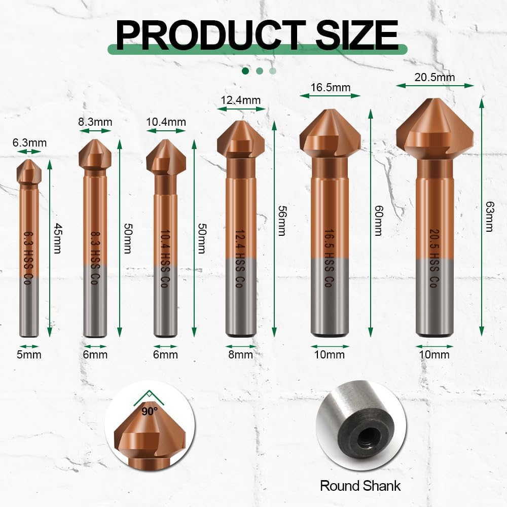 Fraise à Chanfreiner - M35 HSS Fraise à Noyer avec Revêtement en Cobalt pour Acier inoxydable Fer Aluminium Cuivre, 6 pièces 6,3 mm-20,5 mm Foret à Fraiser à tige Ronde