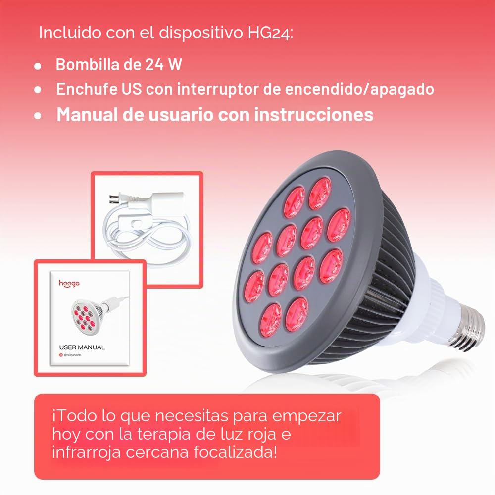 hooga Red Light Therapy by with Power Cord. Red 660nm Near Infrared 850nm 12 LEDs. High Irradiance, Combo Treatment for Skin, Pain Relief, Anti Aging, Muscle Recovery, Performance. HG24.