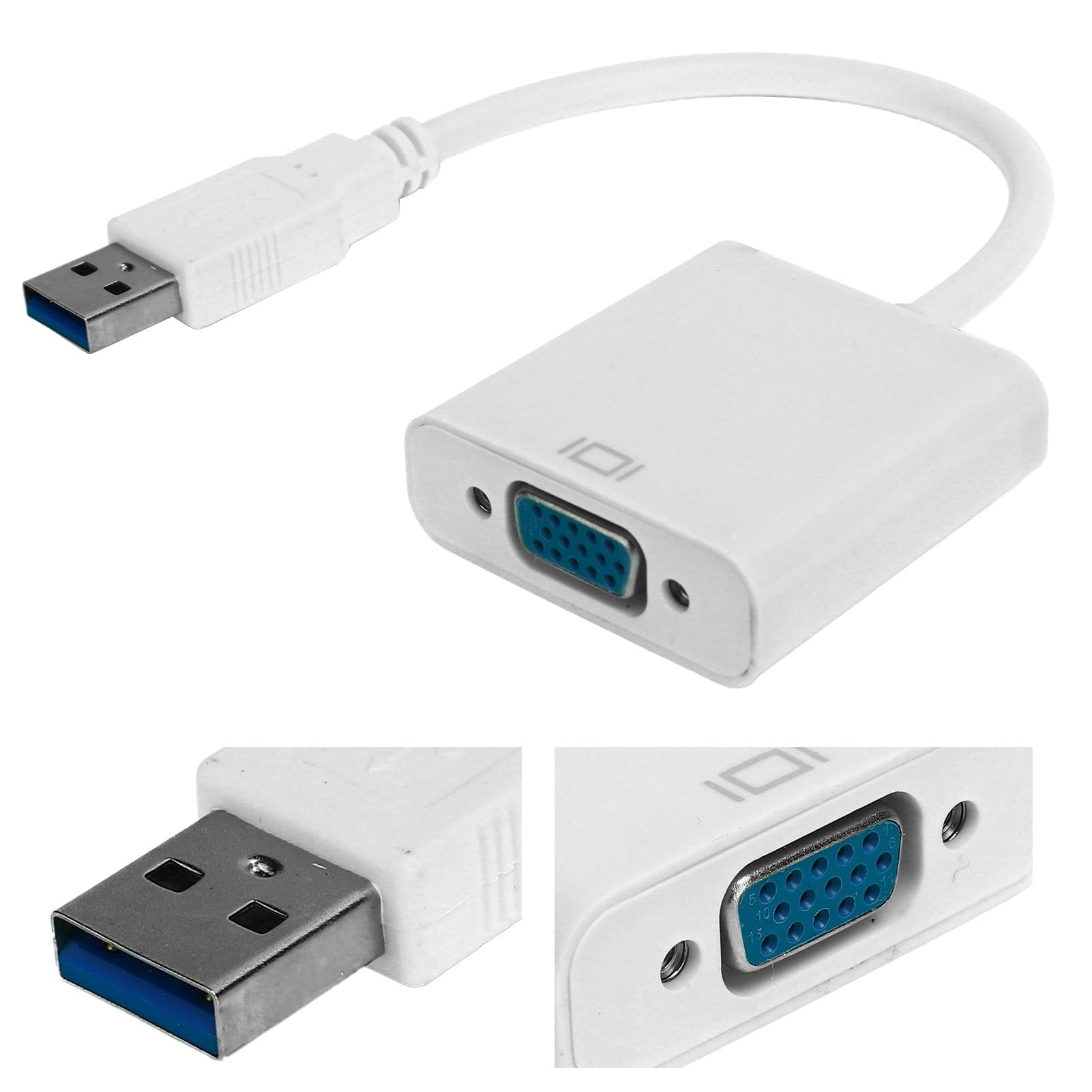 ZJchao Convertisseur USB USB3.0 USB3.0 vers VGA Mâle, Câble Adaptateur HD 1080P 5Gbps, Carte Vidéo Externe Femelle 15 Broches pour PC, Ordinateur Portable, Projecteur, (White)