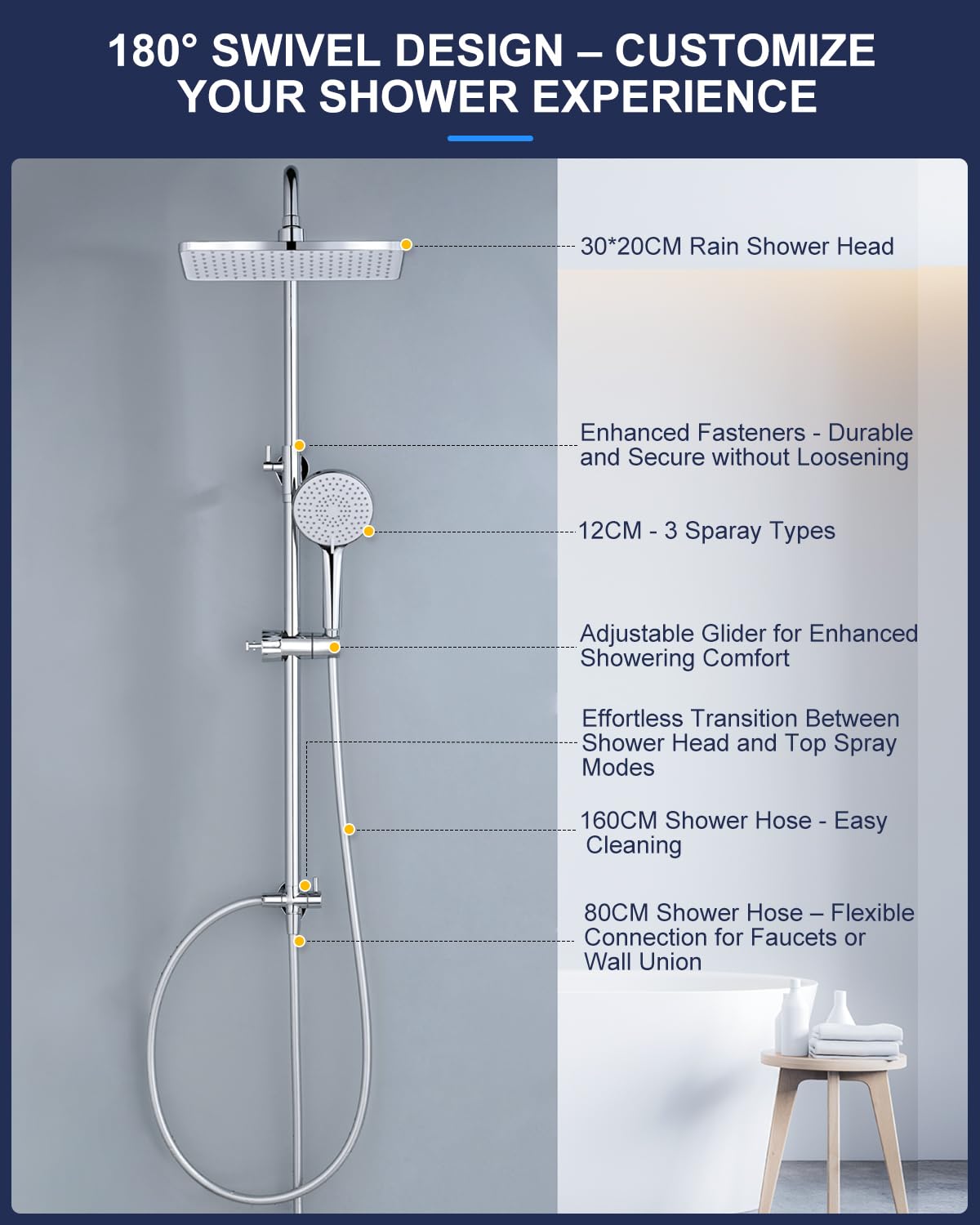 YEAUPE PRO Columna de Ducha Acero Inoxidable sin Mezclador, Ducha de lluvia 30 * 20CM, Teleducha Regulable en 3 Modos, Barra de Ducha Regulable en Altura de 65 a 102CM Set Ducha