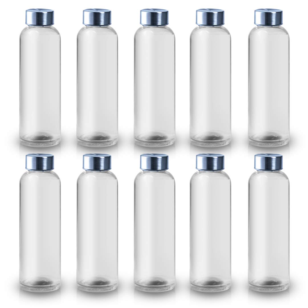 Botella De Cristal para Agua con cuerpo de acabado Transparente. Tapón a rosca en Acero Inoxidable. Cajas individuales. (TRANSPARENTE, 500ml (10PCS))