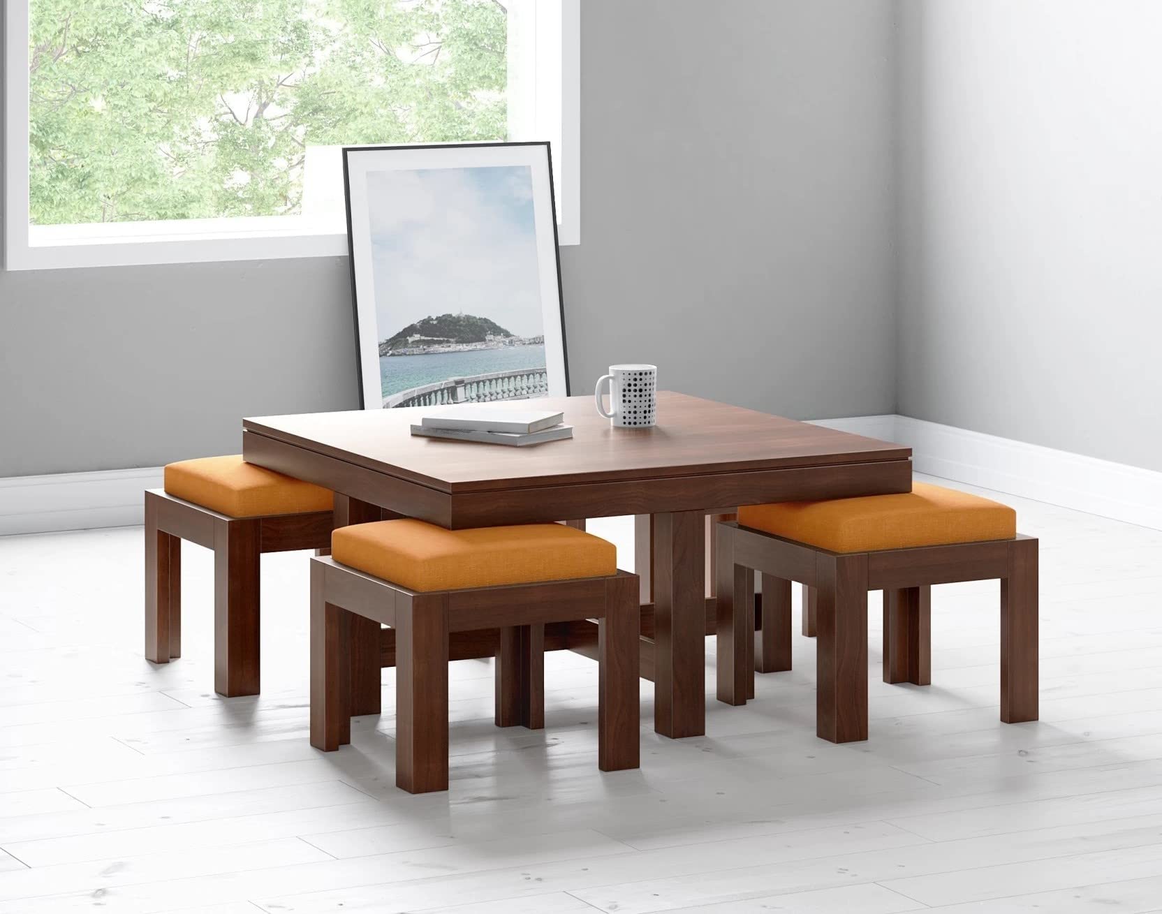 THANGLALA Sheesham Wood 4-Seater Centre Coffee Table with Cushioned Stools | Elegan Wooden Teapoy for Living Room, Office | Stylish Furniture for Home Decor and Gathering (Walnut Finish)