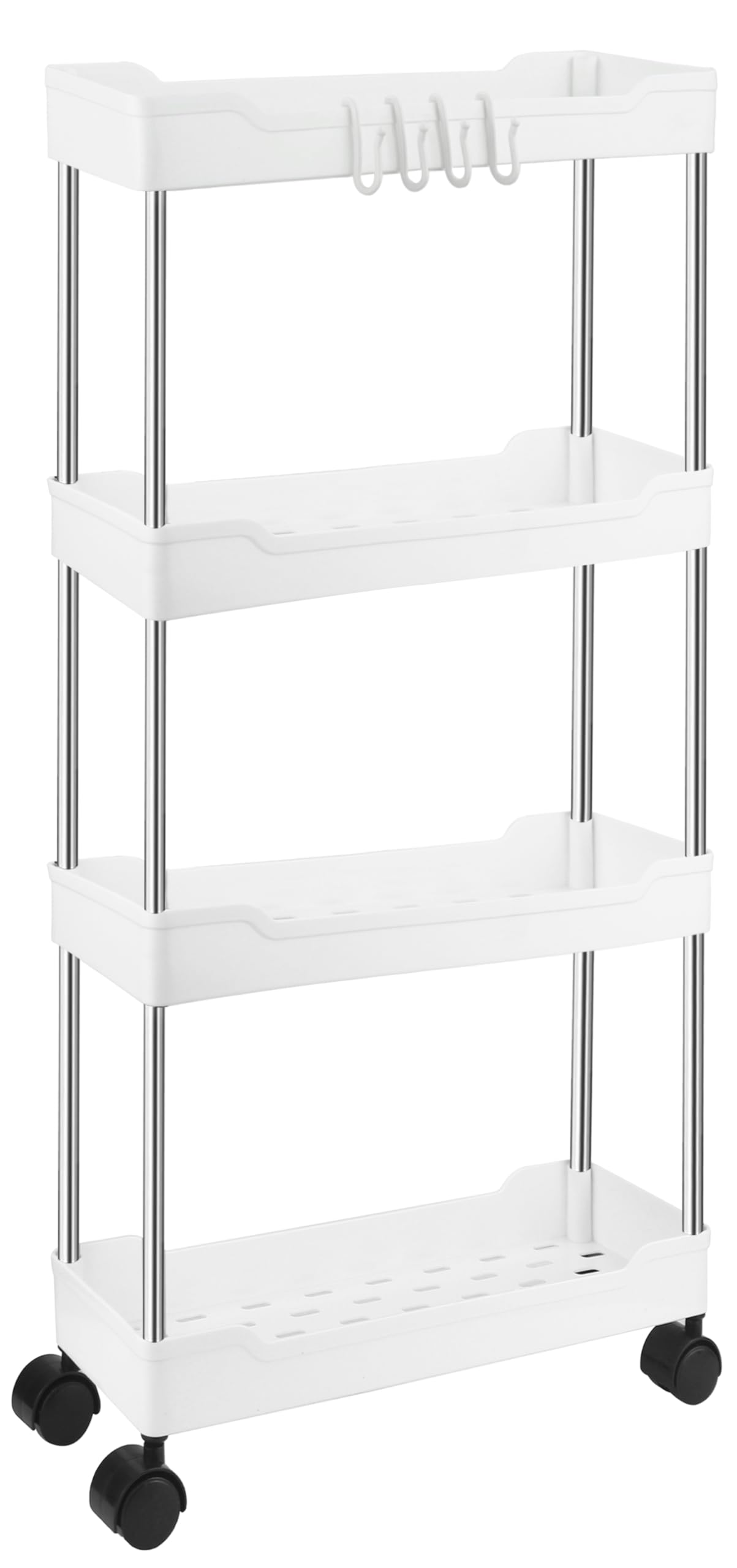 FUREINSTORE Carrito Estrecho de Almacenamiento Movible de Plástico con Ruedas – Estante Organizador Ideal para Cocina, Baño, Oficina o Dormitorio, Fácil Montaje y Transporte (Blanco, 4 Niveles)