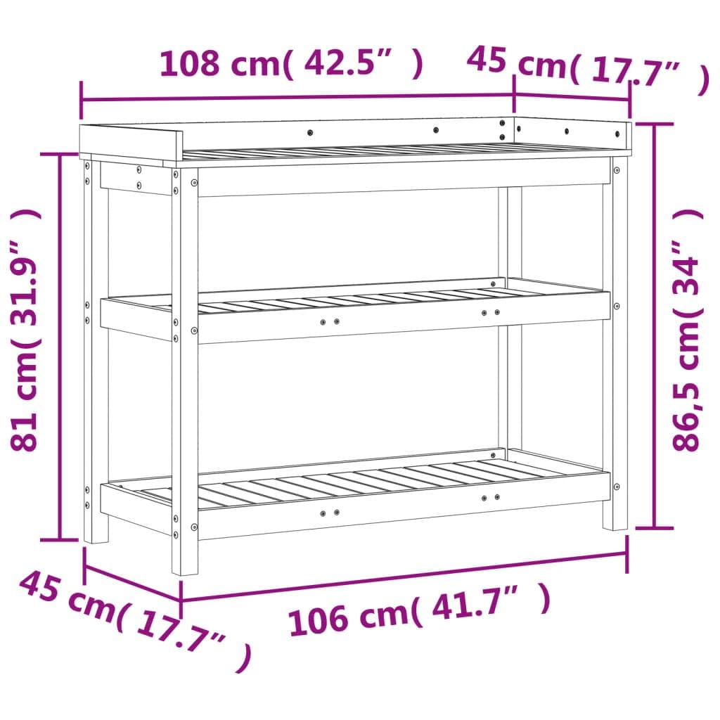 Table de rempotage en bois massif pin 108x45x86,5 cm avec étagères