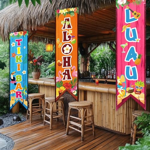 Image of Chiisong 3 Pcs Hawaiian Banners Aloha Luau Porch Sign Tiki Bar Hanging Flag Tropical Welcome Sign Summer Beach Pool Party Decorations Photo Props Backdrop for Outdoor Door Wall Yard Birthday Camping