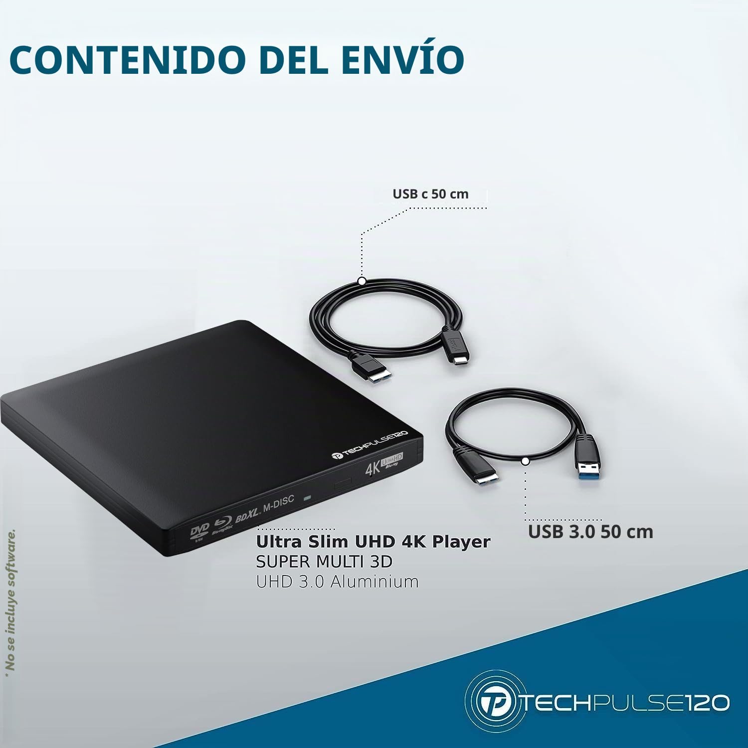 techPulse USB 3.0 UHD 4K 3D BDXL Externa Unidad BLU-Ray Grabadora Lector Súper-Slim Escritor Portátil Quemador BD DVD CD ODD Superdrive ROM Aluminio Negro