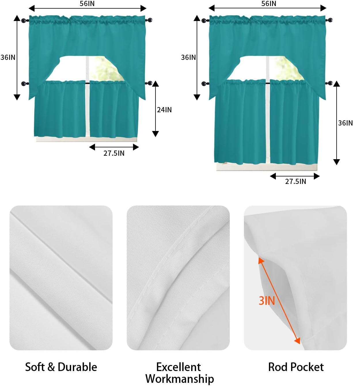 Solid Color Blue Swag Curtains Valance and Tier Set, Rod Pocket Curtain Drapes for Bedroom Bathroom Over Sink Kitchen Curtains 3 Piece Set Modern Minimalism Art Swag Valances and 24 inches Tiers