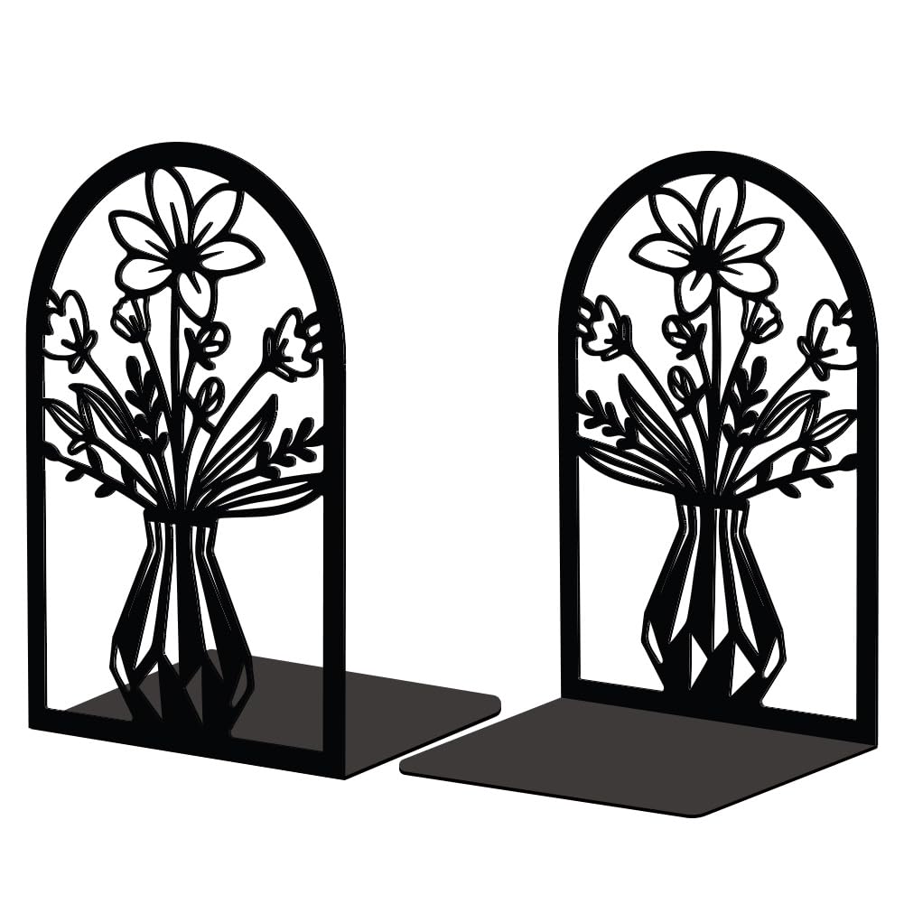 Peacoblue Metal Book Ends Stopper Holder Stand for Shelves Decorative 13.46x10.9x20cm Modern Creative Heavy Duty Study Bookends Stoppers Holder Stand for Desk Shelf 1 Pair (Vase with Flowers)