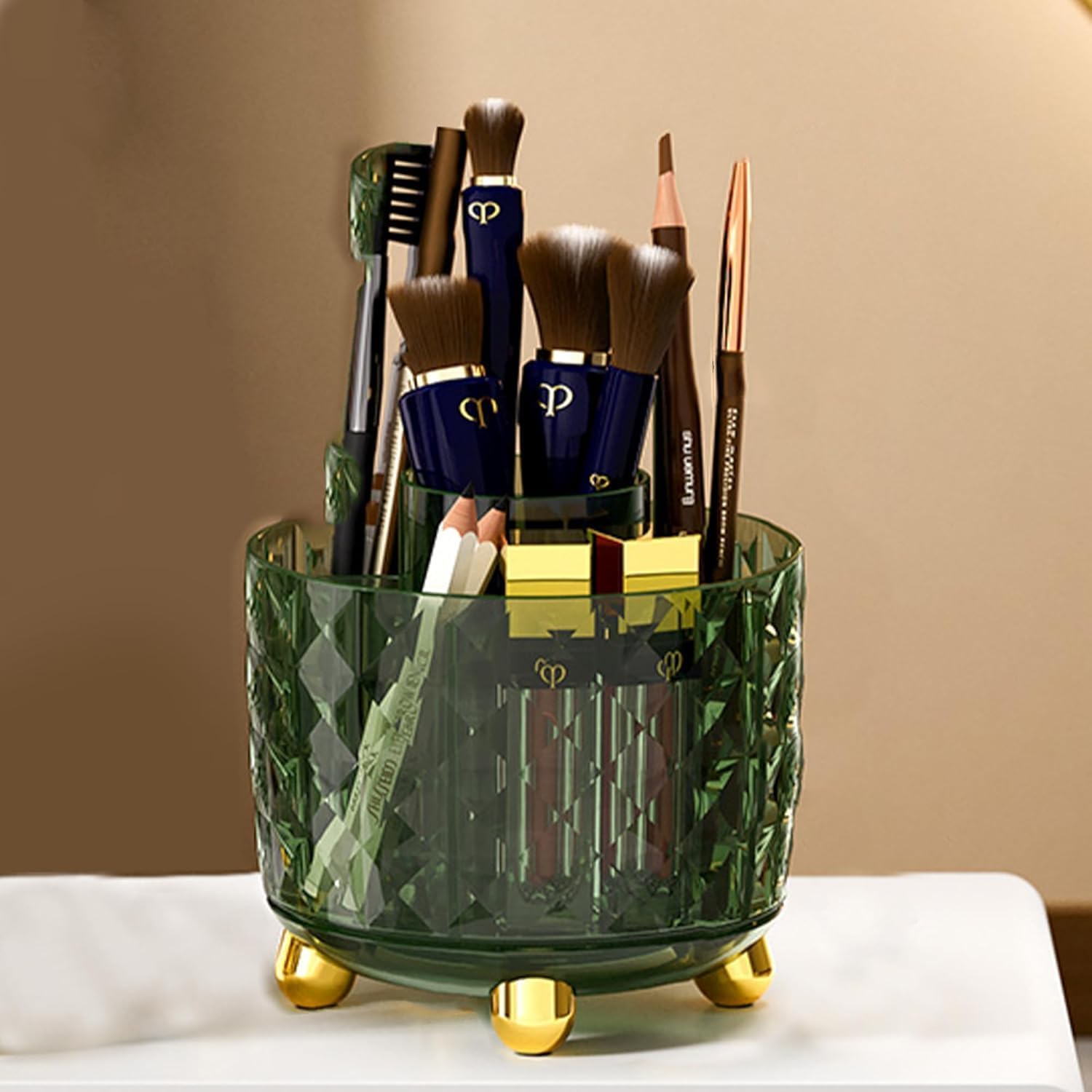 Kienlix 360° Rotating Makeup Brush Holder Organizer, Makeup Organizers Countertop, Makeup organization Skincare Storage for Vanity, Desktop, Bathroom (Transparent Green)