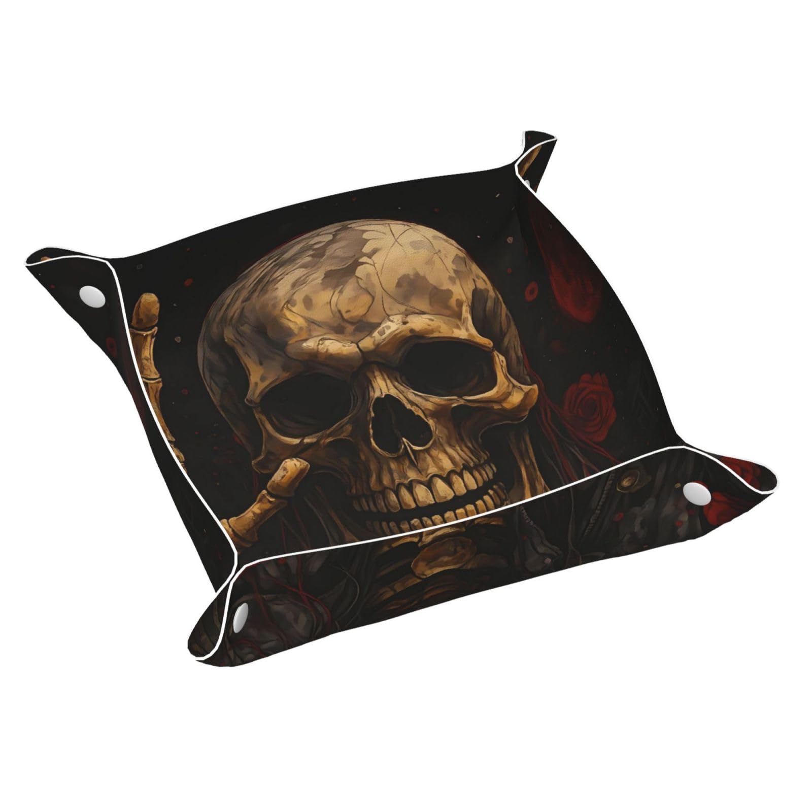 HLBSDM Halloween Skeleton & Red Flowers Tray Men's Leather Valet Parking Portable Entrance Trays Bedside Storage Box