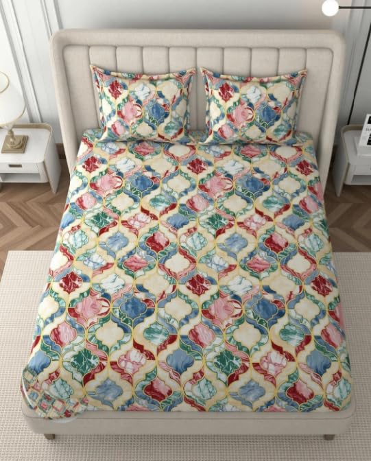 Image of Jashan 210 TC Premium Glace Cotton Elegant Shankh Design Cotton Fitted Bedsheet Set, Soft, Stylish & Skin-Friendly 72x78x10 incheSize Bed Sheet 17x27 inch Pillow Cover 3 Pc Set- Multi Shankh