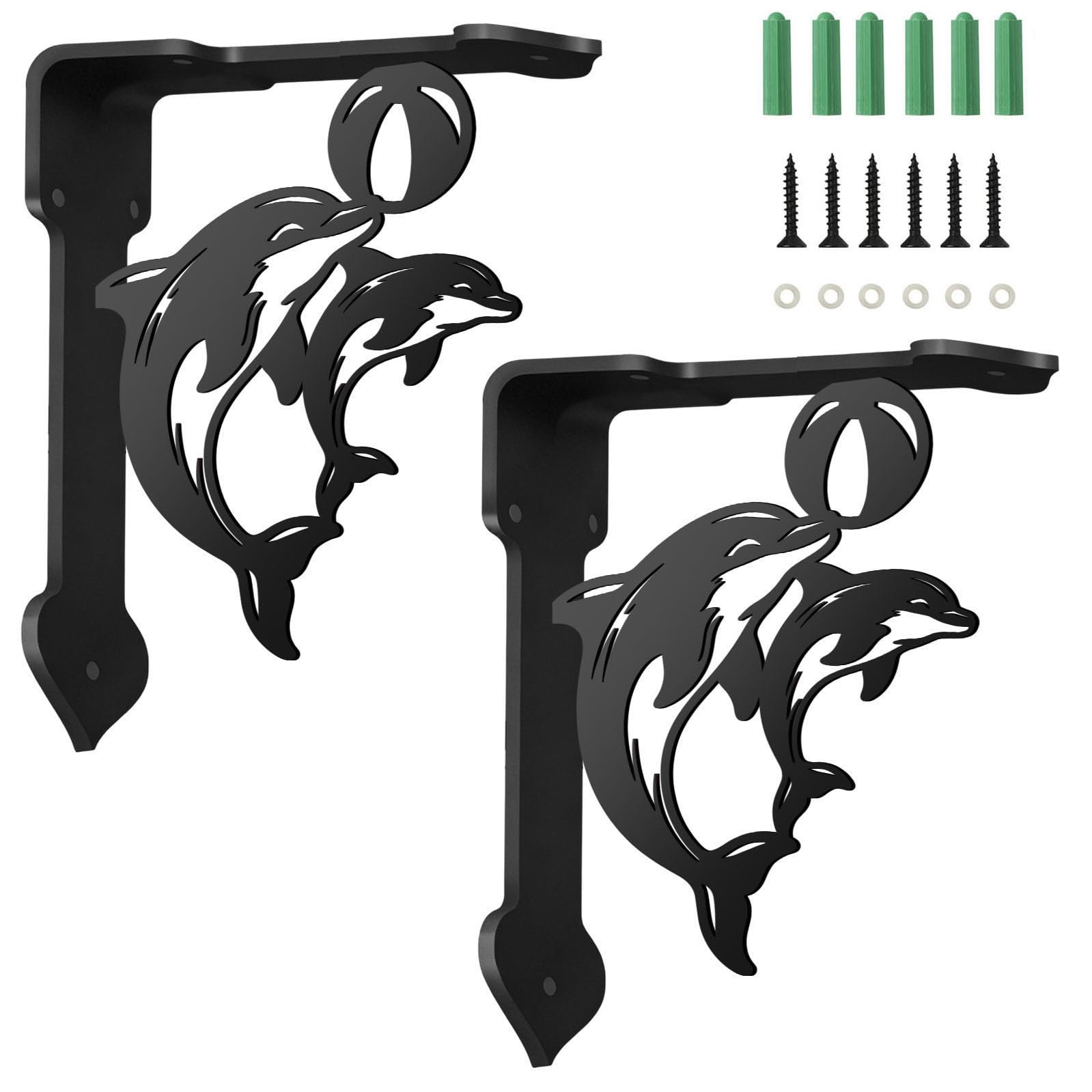 SUPERDANT 2pcs Decorative Metal Shelf Brackets Black L Brackets for Shelves Heavy Duty Wall Shelf Supports 21x17.2x0.4cm with Dolphin for Bookshelves and Kitchen Black