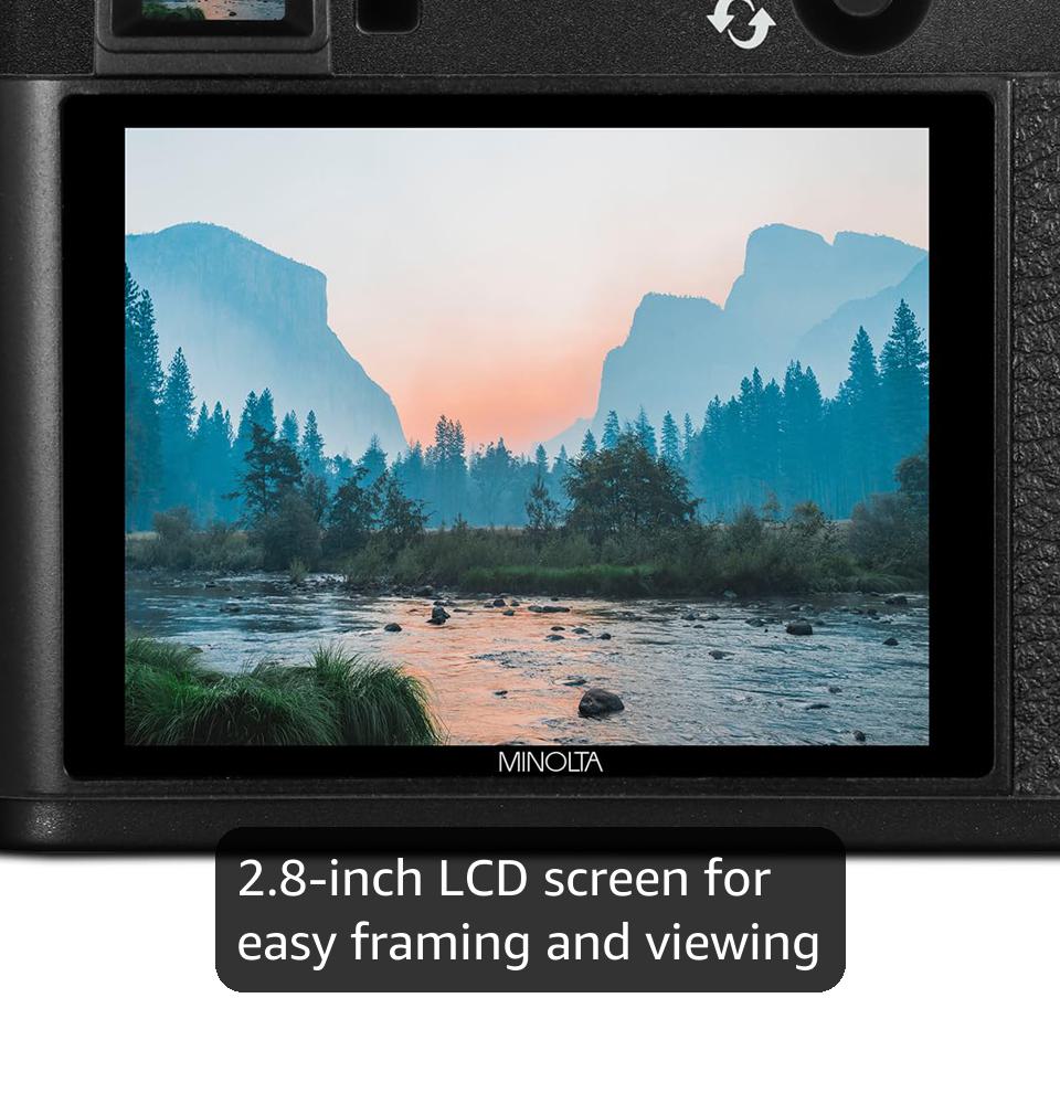 Minolta Retro Digital Camera – 48MP Autofocus Compact with 5K Ultra HD Video, Rear Selfie Lens, 16x Zoom, WiFi, 2.8-inch LCD Screen, Digital Stabilization, Optical Viewfinder, 32GB Card (Black)