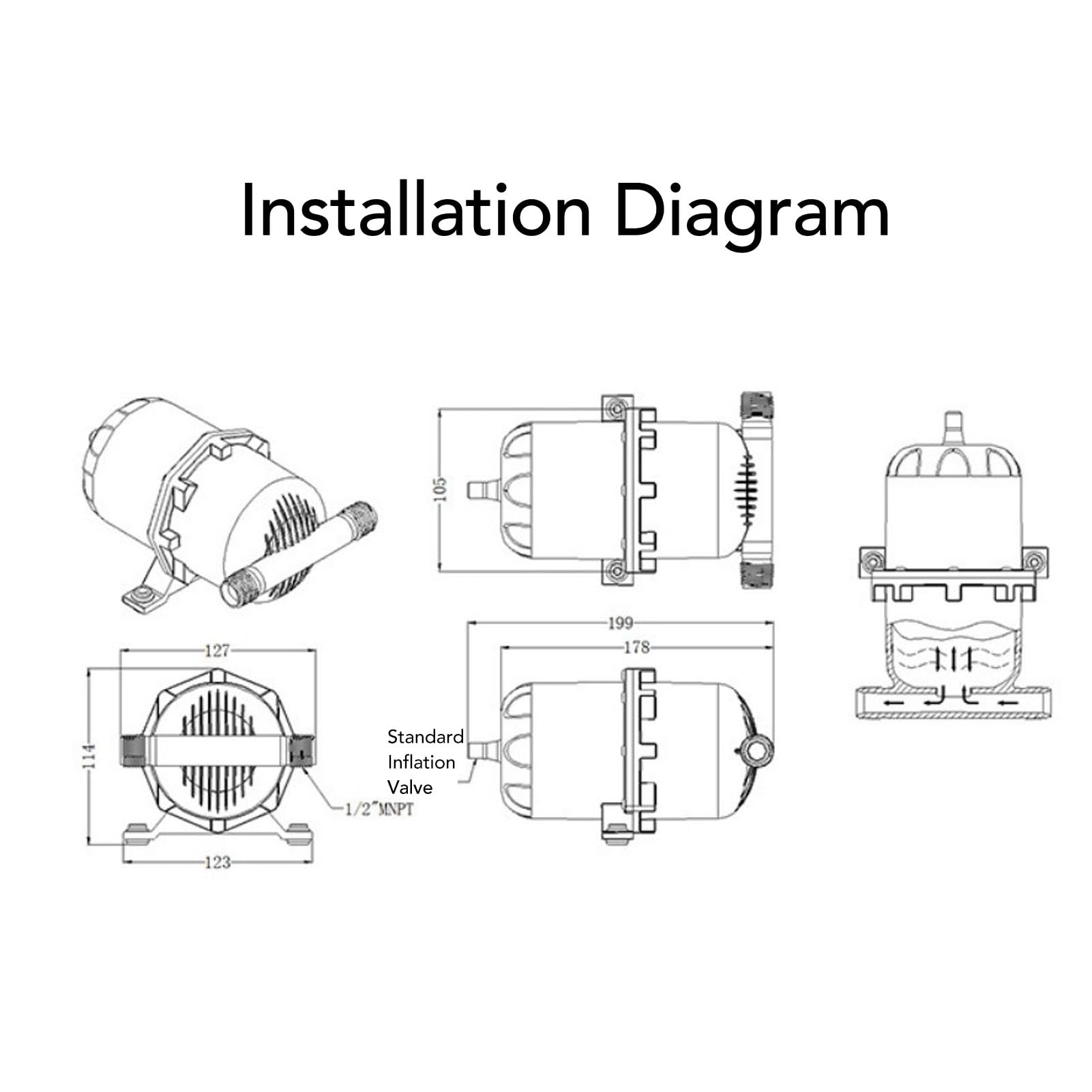 Marine -Akkumulatortank 1L, Pumpenschutz, Pulsationskontrolle, Einfache Flügelmutter -Installation, 1/2 "MNPT -Auto -Reifenventil 125psi