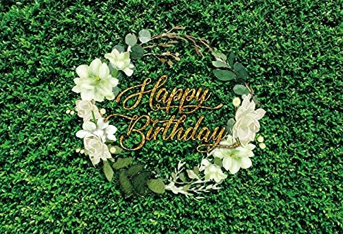 Miniatura 4 de AOFOTO Fondo de pared de cumpleaños de 7 x 5 pies para mujer, hojas verdes, hierba, flores blancas, jardín de primavera, naturaleza, fotografía,