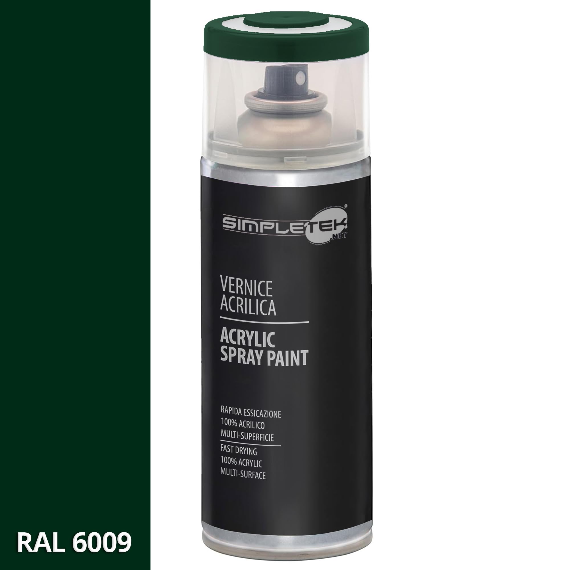 SIMPLETEK - 6X Bomboletta Vernice Spray Acrilico Verde Abete RAL 6009 Universale Multimateriale Rapida Asciugatura Interni Esterni 400ml (kit 6 pezzi)