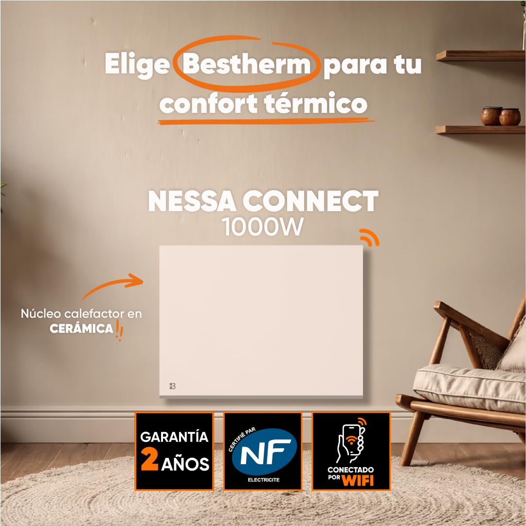 BESTHERM - Radiador eléctrico fijo conectado WiFi de inercia seca cerámica 1000W Bestherm NESSA CONNECT horizontal blanco