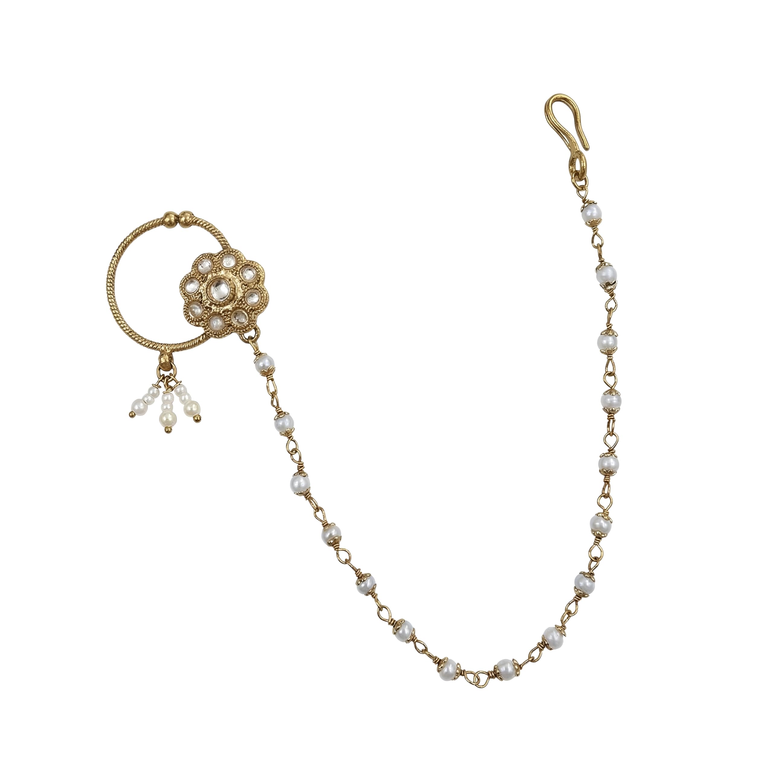 Minimal Reverse AD with Pearls Nose Chain Nath for Women | Mahandi Polish Bridal Nath with Chain | Elegant Wedding Jewelry for Women and Girls-image-6