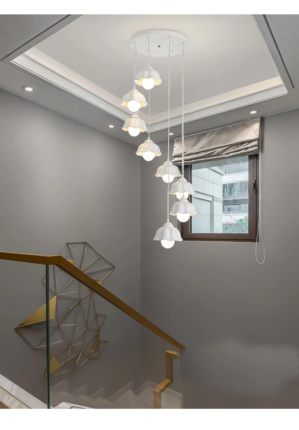 Lustre d'escalier moderne blanc à 6 lumières pour intérieur suspendu