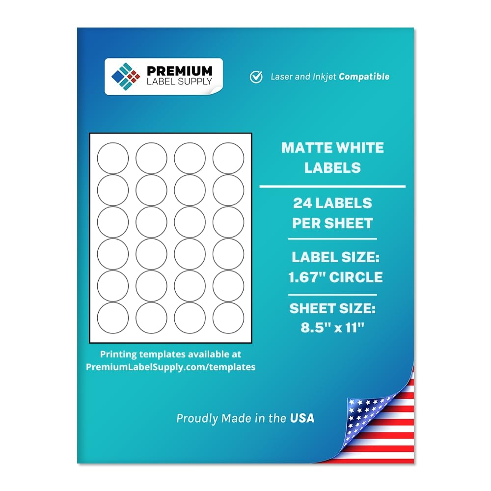 Premium Label Supply White Sticker Round Labels – 1-2/3" Circle – Laser/Inkjet Compatible – (24 per Sheet), 25 Sheets – 600 Total Adhesive Labels