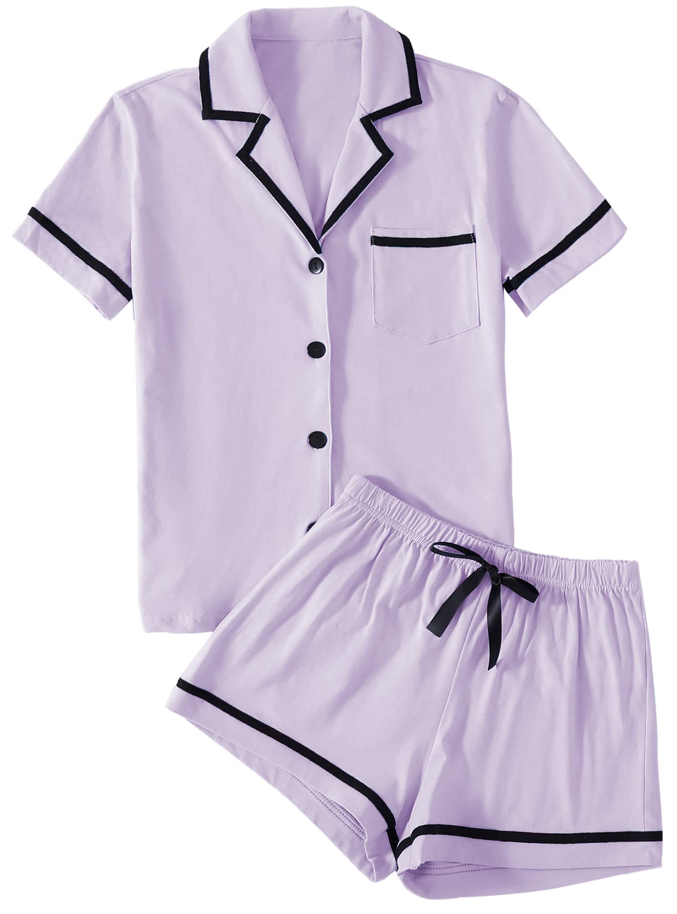LYANER Women's Cotton Pajamas Set Button Short Sleeve Shirt with Shorts Set PJs Loungewear
