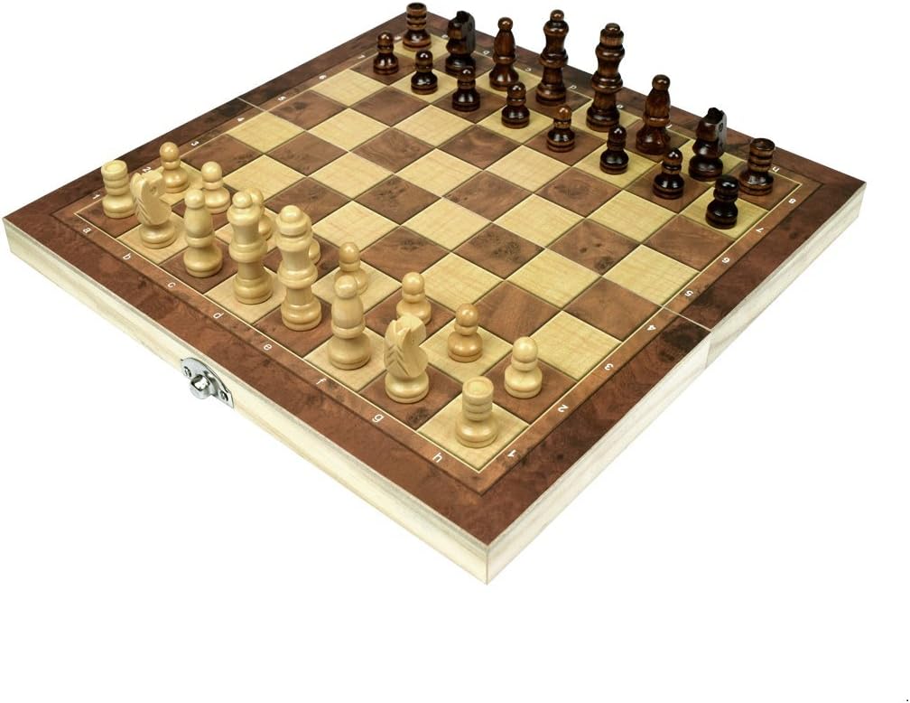Wooden Chess Set for Kids and Adults, Portable Chess and Checkers Set with Folding Interior Storage Pocket Checkers Game Board and Travel Chess Board (10" x 10" x 1.5")
