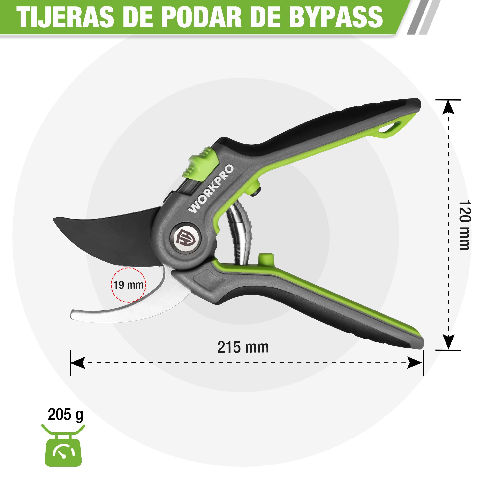 WORKPRO Tijera de Podar 210mm, Tijeras de Podar Bypass Profesionales con Hoja SK5, Tijeras Curva Corte de 19mm, Herramienta de Jardín, Ideal para Injertar, Podar, Tijeras de Podar para Jardinería