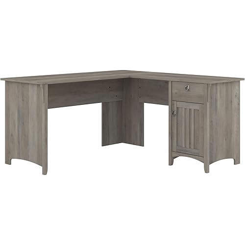 Bush Furniture Salinas L Shaped Desk with Storage in Driftwood Gray | Modern Farmhouse Corner Table with Drawers and Cabinets for Home Office
