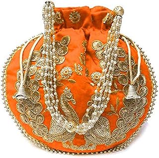 Eyesart Fashion Potli Bag for Women Ethnic Designer Embroidery Work Batwa Pearls Handle with Intricate Gold Thread & Sequin
