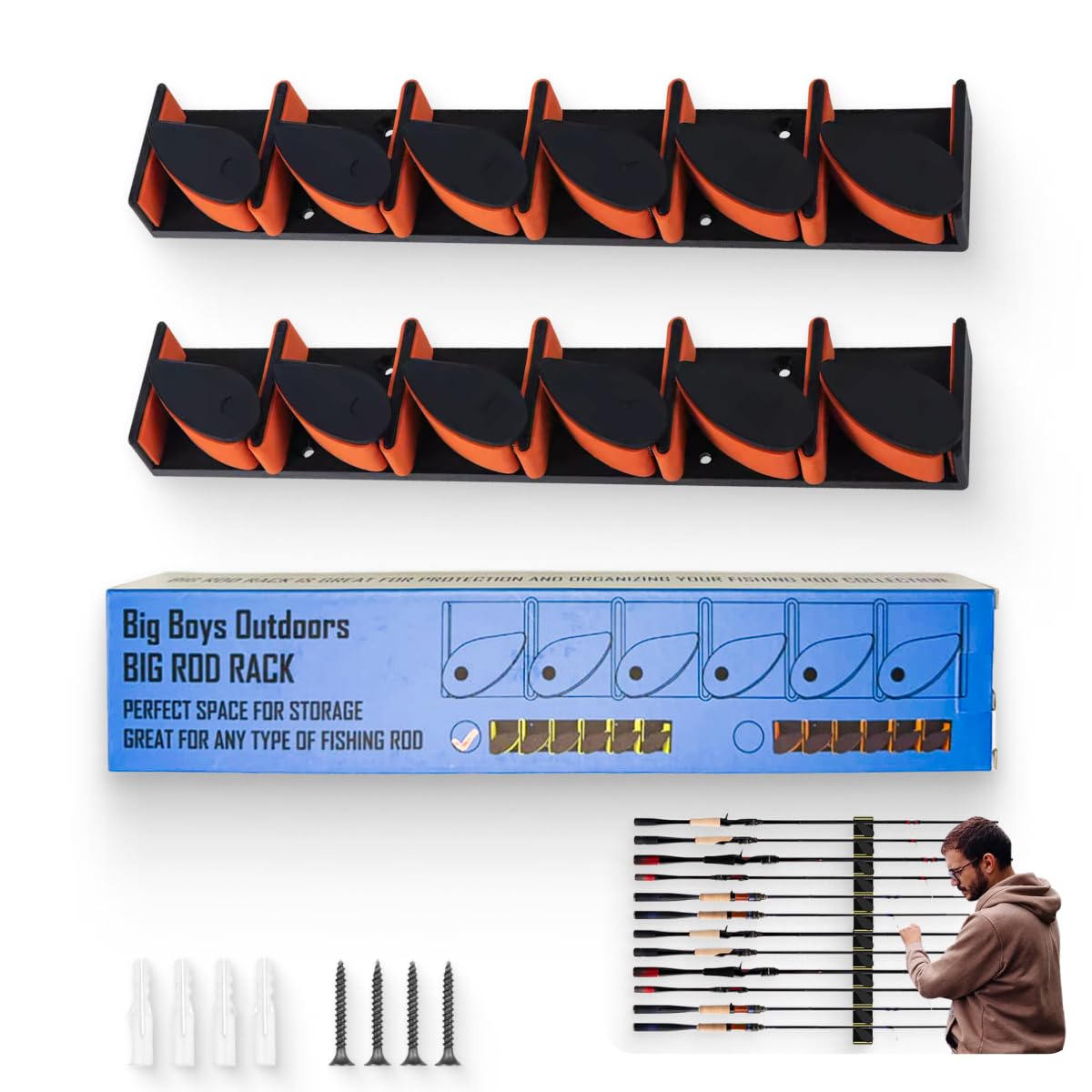 Big Boys Outdoors Wall-Mounted 2 Pack Veritcle Fishing Rod Holder Holds Up to 6 Rods or Combos up to 12 - Sturdy & Space-Saving Fishing Rod Holders for Organizing Fishing Gear (Orange)