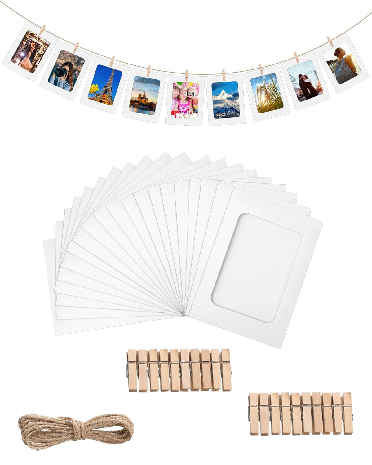 Cadres Photo en Papier 20pcs DIY Mini Clips en Bois Cordes en Chanvre Décoration Murale Maison
