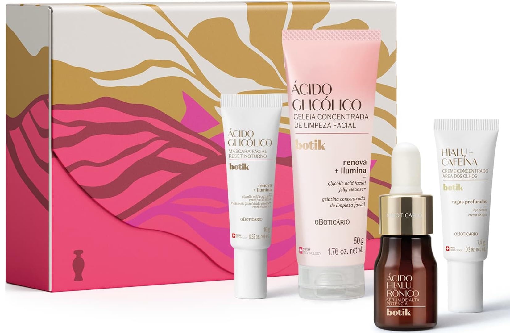 O Boticário Botik Gesichtspflege-Routine mit Hyaluronsäure und Glykolsäure, weich und beleuchtet, erneuerte Haut, 4 Produkte in Reisegröße, 77,5 g