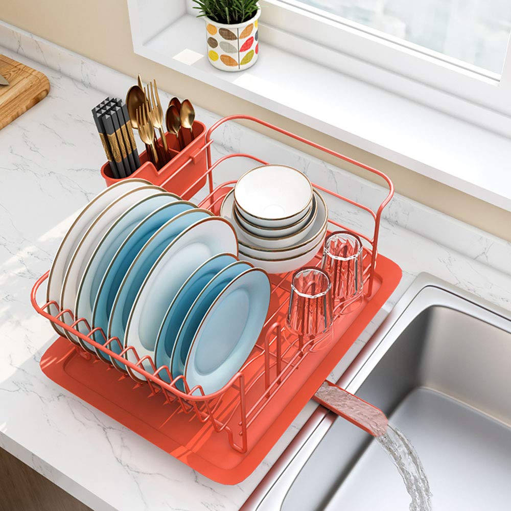 TYUHDUYUR Kitchen Dish Drainer Rack with Utensil Holder/Cup Holder, Multifunction Vegetable and Fruit Basket with Drainboard, Black, White, Orange/Orange (Black) (Orange)
