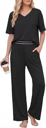 OUGES Womens Pajama Sets Lyocell Cotton Lounge Set Short Sleeve Soft Loungewear Casual Summer Travel 2 Piece Outfits