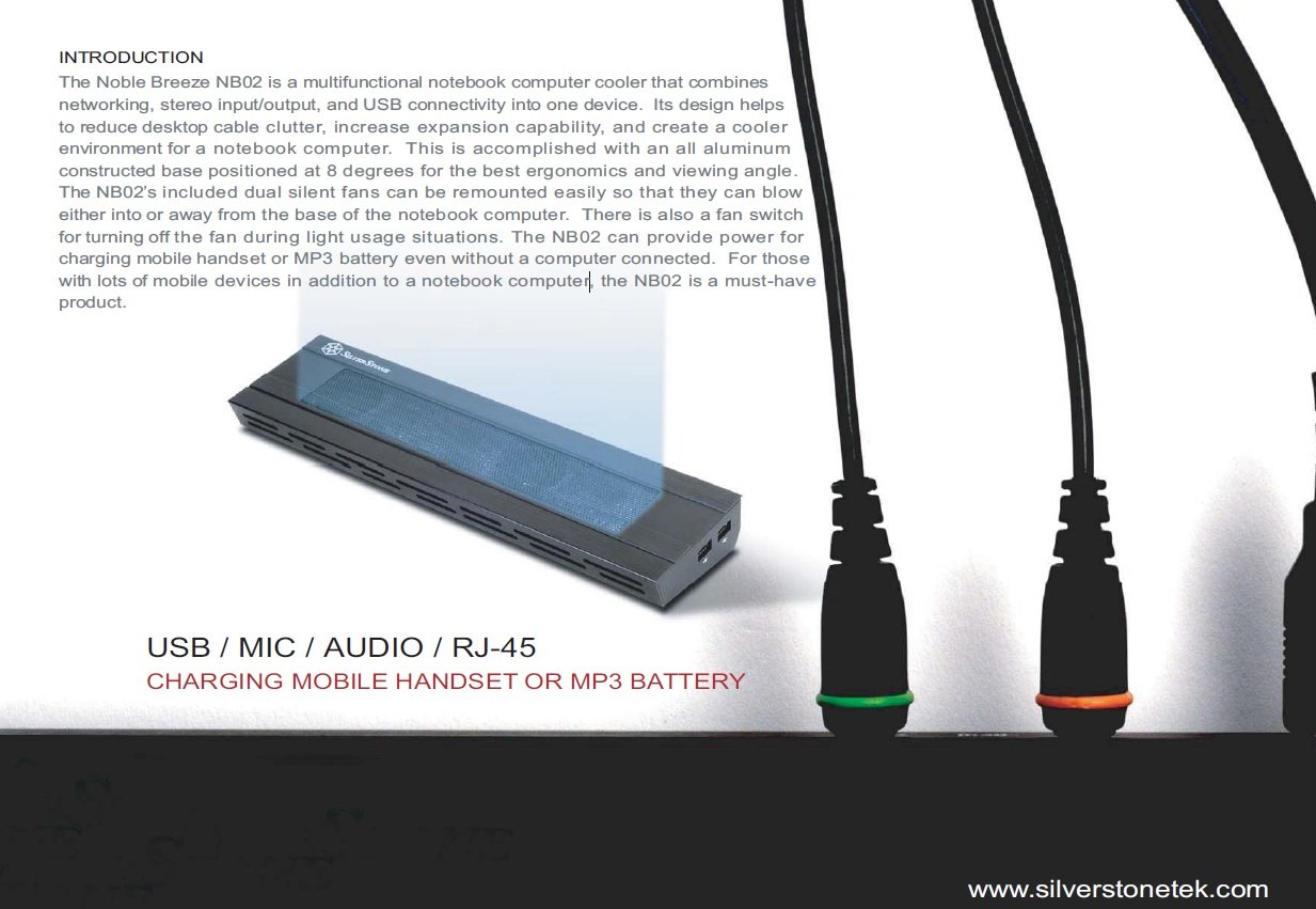 SilverStone SST-NB02B - Raffreddatore per notebook Noble Breeze in alluminio con connettore 10/100 Base-T- (RJ-45), audio, Microfon, 5x USB 2.0 e caricabatterie per telefono cellulare, nero