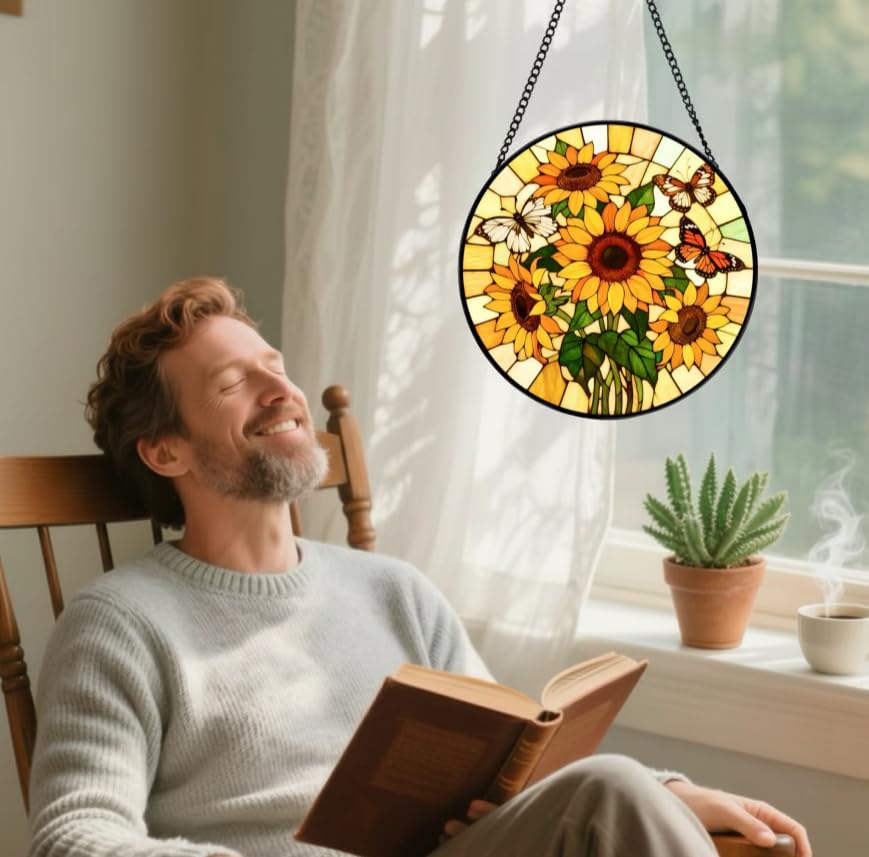 Stained Glass Window Hanging- Sunflower & Butterfly Design，Suncatcher for Window, for Christmas, Mother's Day and Garden Lovers