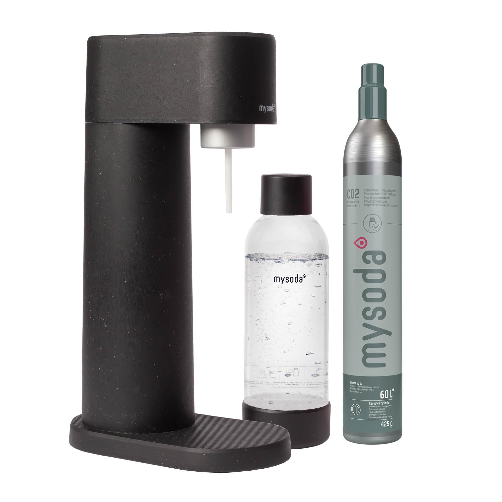 Mysoda Woody - Gasatore d’acqua per l’acqua frizzante in materiale composito di legno con bottiglia in PET e bombola CO2 inclusa - Nero