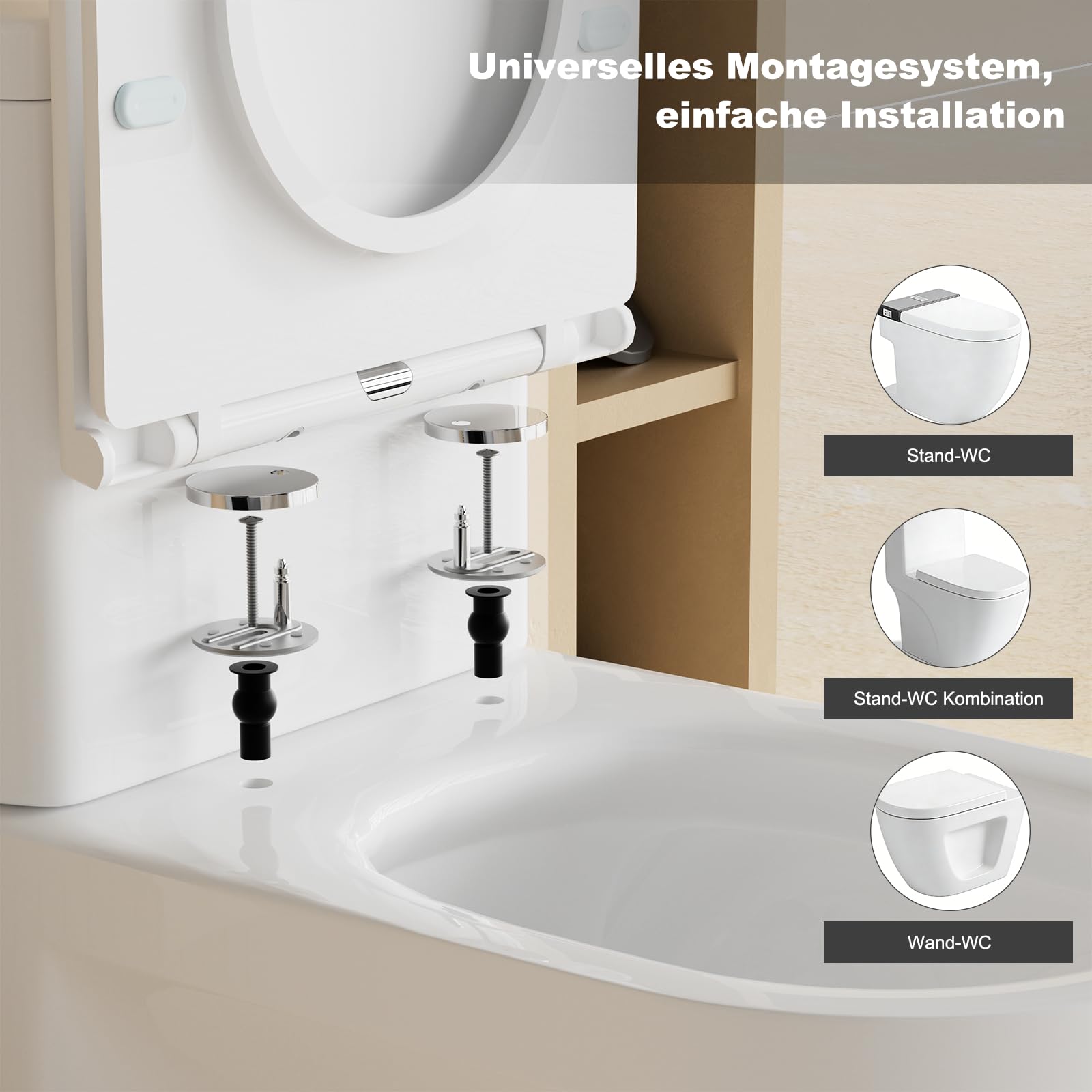 SURFOU Toilettendeckel mit Absenkautomatik, Hochwertiger UF/Duroplast WC Sitz in D-Form, mit Schnellverschluss für leichte Reinigung, Belastbar bis 200 kg, mit Gummidübeln für wackelfreien Halt