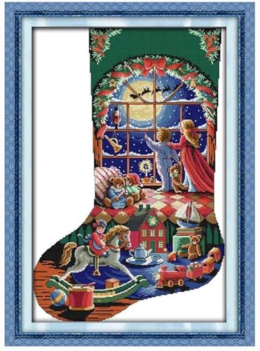 Foxdiviy Stamped Cross Stitch Kits Full Range of Embroidery Needlework Starter Kits for Beginners Adults 11CT Embroidery Patterns Art Crafts DIY Needlepoint Kits-Christmas Stocking View 15×22.1 inch