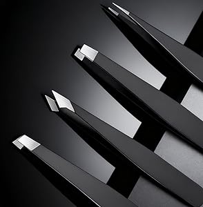 4-Piece Professional Tweezers Set, Tweezers for Eyebrows, Facial Hair, Splinter & Ingrown Hair Removal, Precision Tip with Travel Bag,Gift for Women Men
