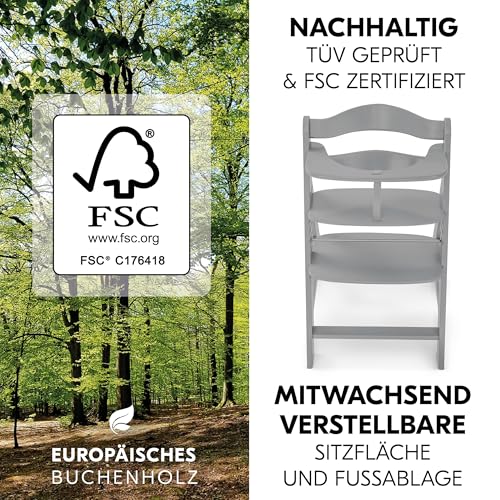 hauck Alpha+ Newborn Set Deluxe - Baby Holz Hochstuhl ab Geburt mit Liegefunktion - inkl. Aufsatz für Neugeborene & Sitzpolster - mitwachsend, verstellbar - Grau