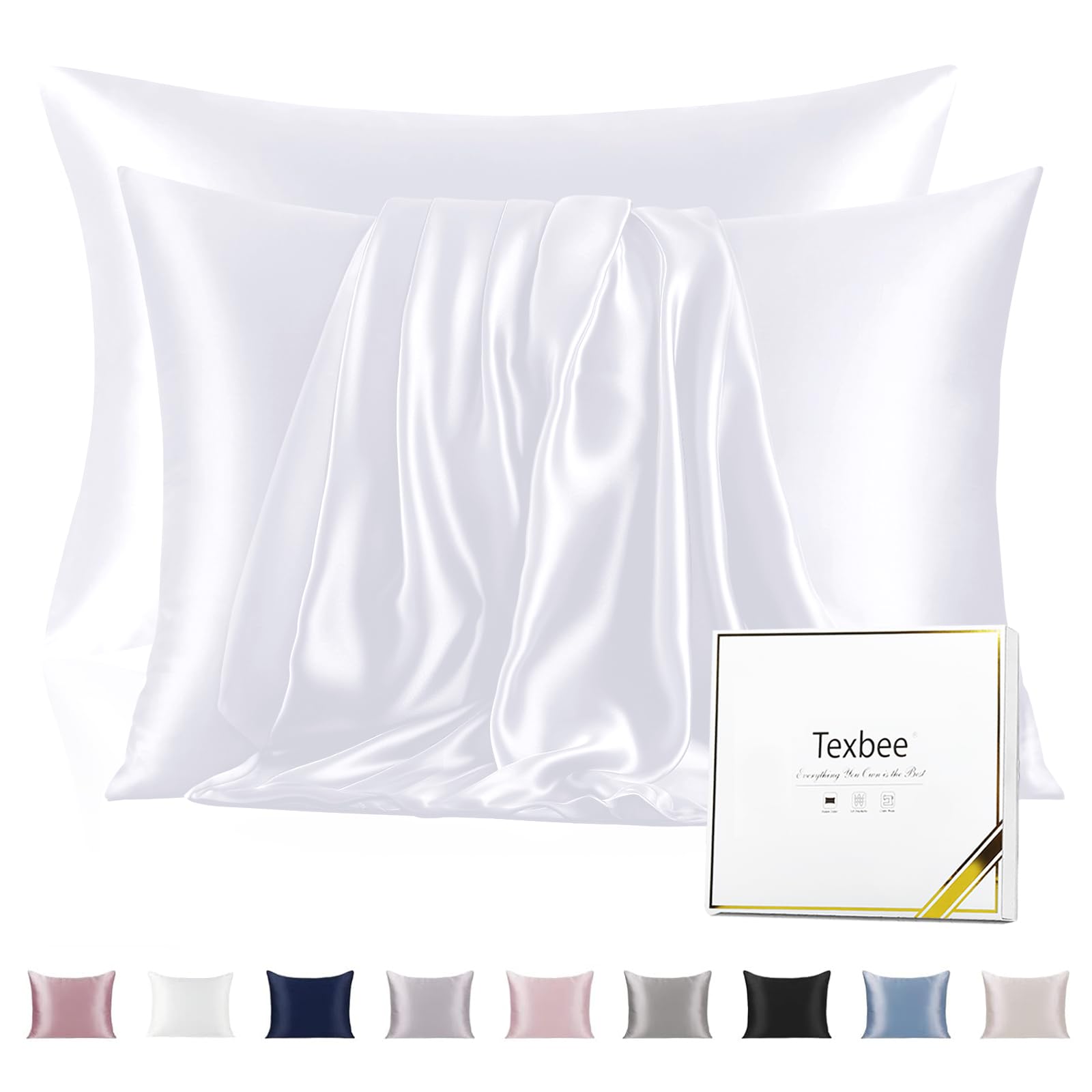 Texbee Seidenkissenbezug 40x80cm für Haar und Haut Beide Seiten Natürliche Kissenbezug Seide mit verstecktem Reißverschluss Weiche Atmungsaktive Glatte 2 Stück-Reines Weiß