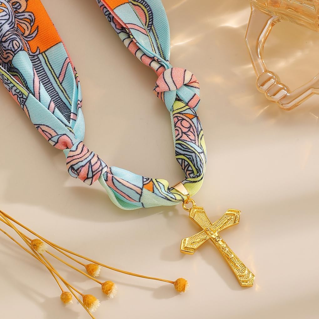 Gold Cross Scarf Necklace for Women,Chunky Gothic Cross Pendant Bandana Necklace Trendy Unique Jewelry - Image 4