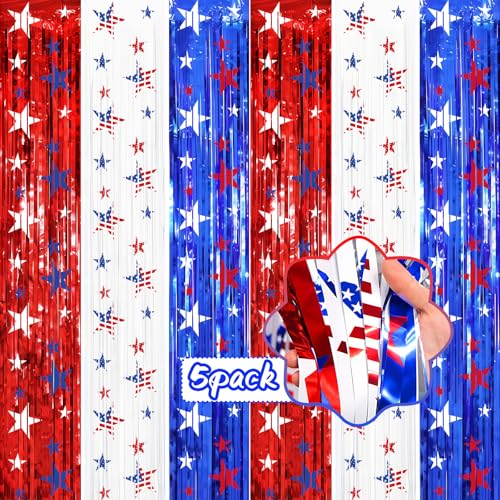 Image of 4th of July Independence Day Decorations, 5 Pack Red White Blue Star printed Foil Fringe Curtains for Patriotic Memorial Day Decor, Citizenship Party Supplies, Backdrop Streamers, 3.3 x 6.6 FT