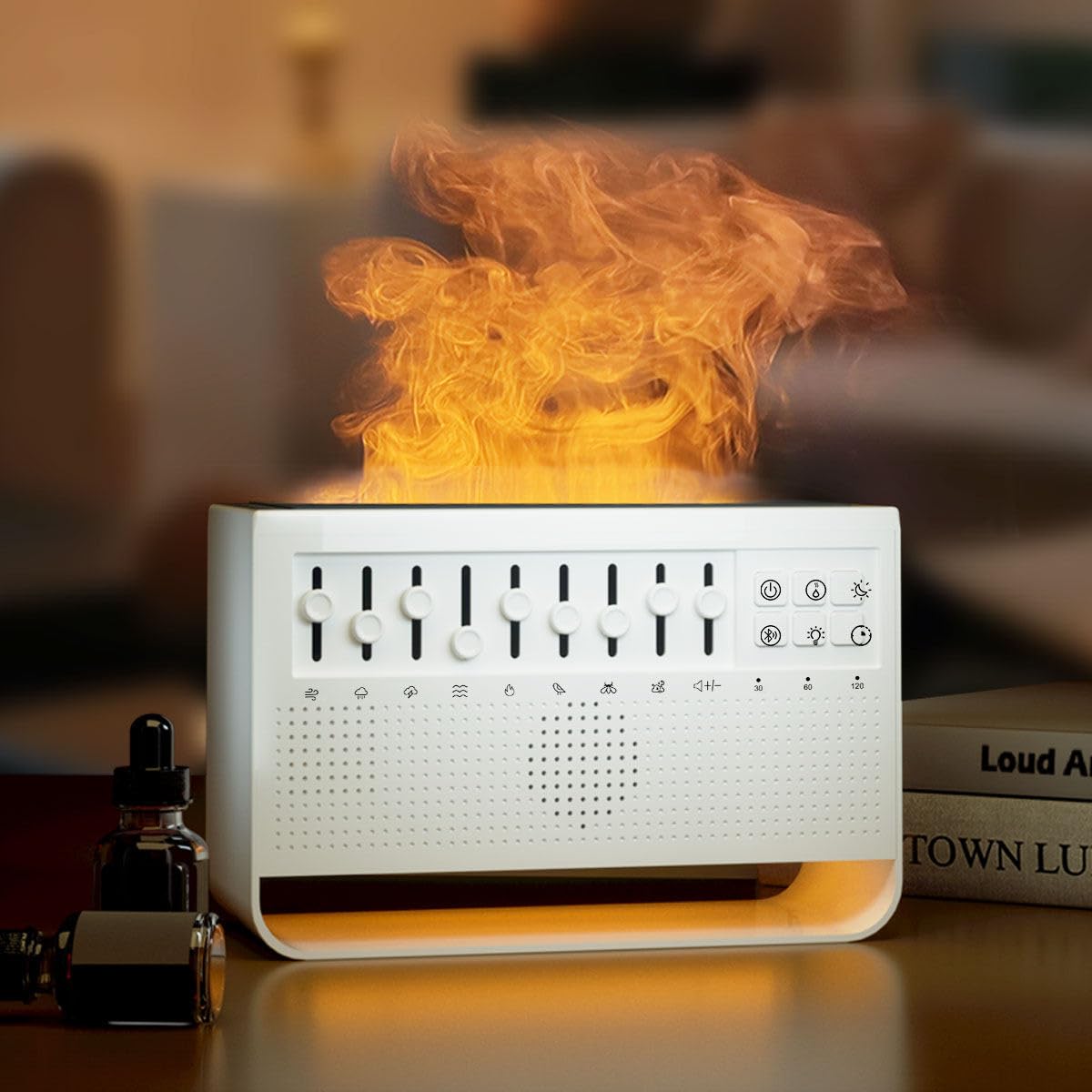 Difusor de Aceites Esenciales, Moderno Diseño 3 en 1, Simular Llama Humidificador Aceites Esenciales, Agregar Agua Encima, Humificador de Aromas, con Luz Nocturna, Reproductor Bluetooth