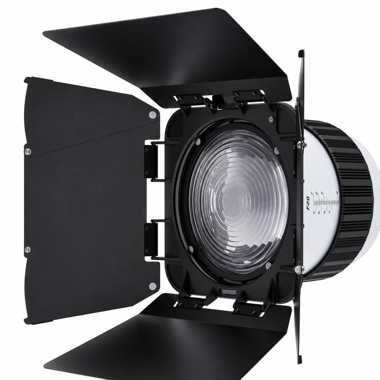 10X Bowens Mount Fresnel Linse mit abnehmbaren Barn Doors, 10–45° Einstellbarer Spotlicht-Modifier für COB-Videoleuchten ≤600W, Kino-Lichtsteuerung