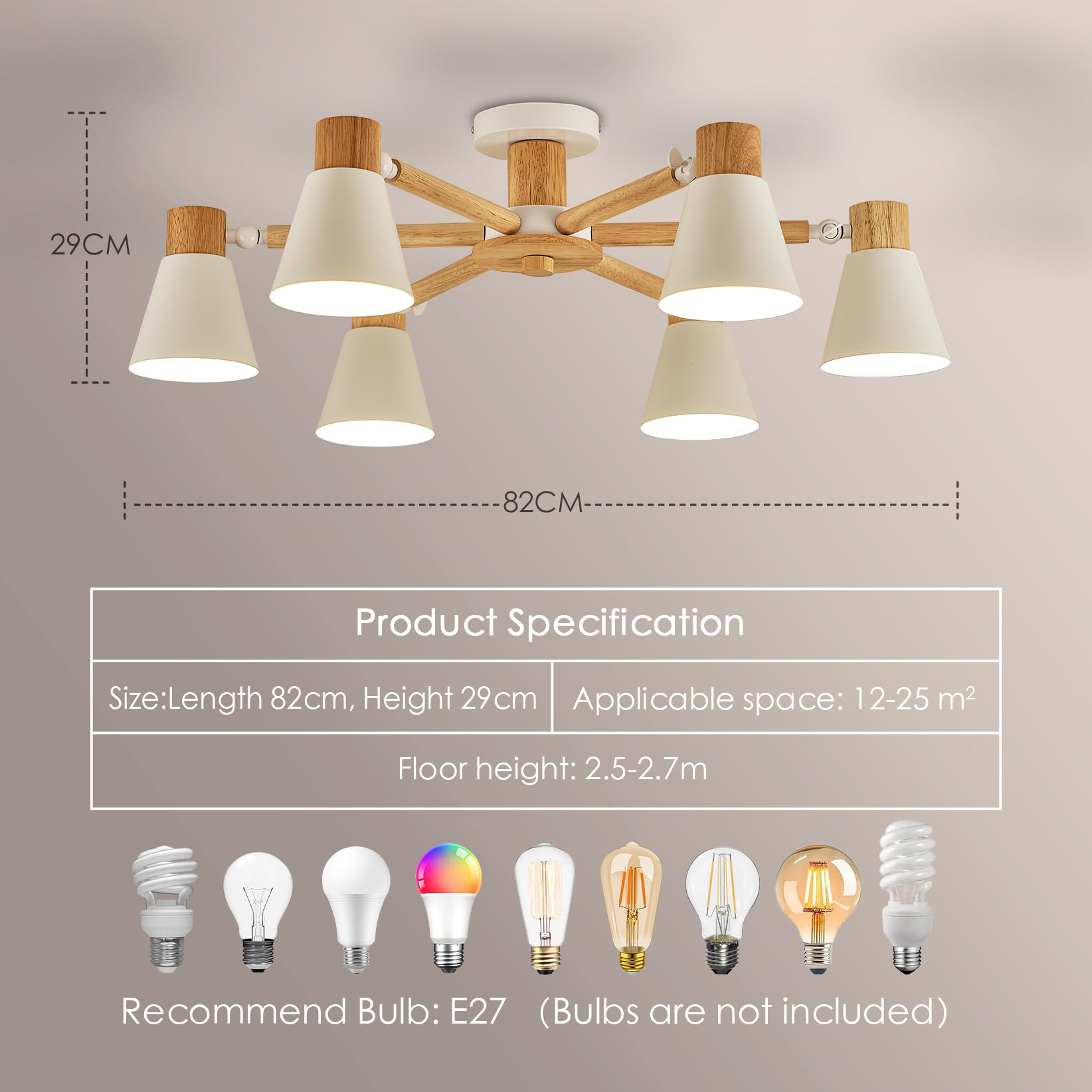 YOODI Lampada da Soffitto, Moderno Plafoniera Soffitto, 6 Luci Lampade a Sospensione, E27 Portalampada Lampadari in Metallo e Legno Massello per Camera da letto, Soggiorno (Lampadina non inclusa)
