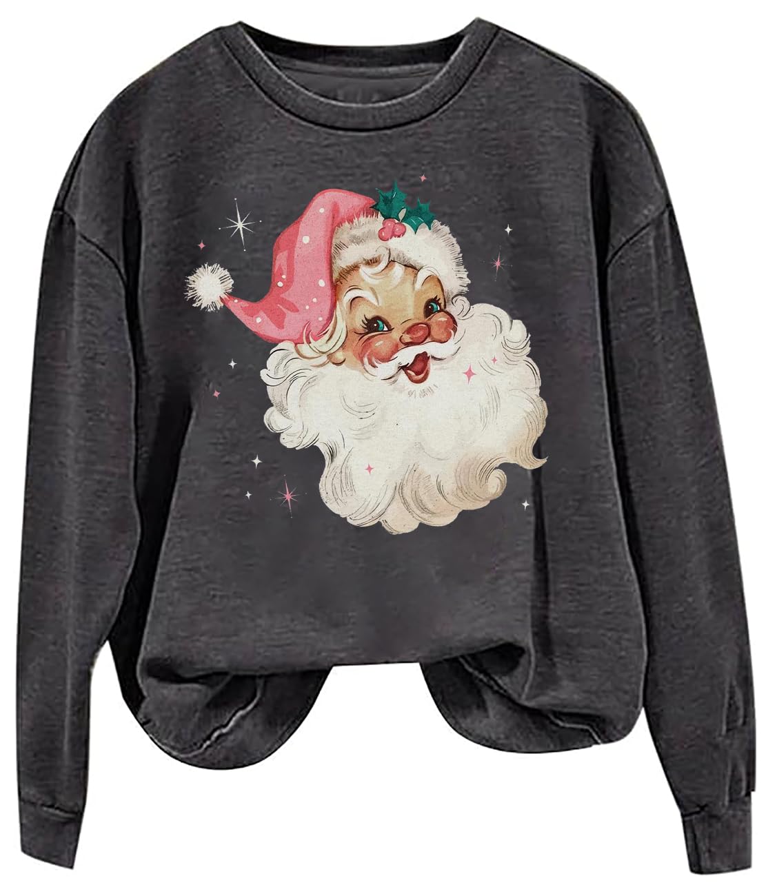 MYCHTE Retro Pink Santa Christmas Sweatshirt Women Vintage Santa Claus Graphic Tee Casual Long Sleeve Xmas Pullover Top