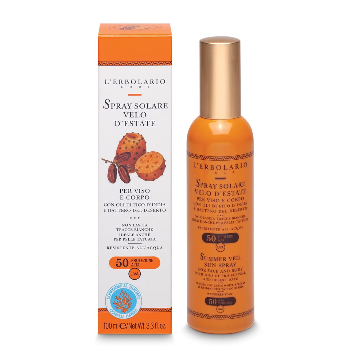 L'Erbolario Spray Solare Velo d'Estate SPF 50 per Viso e Corpo, Protezione Alta, Azione Disarrossante, Resistente all'Acqua, Ideale anche per Pelle Tatuata, non Lascia Tracce Bianche, Formato 100 ml